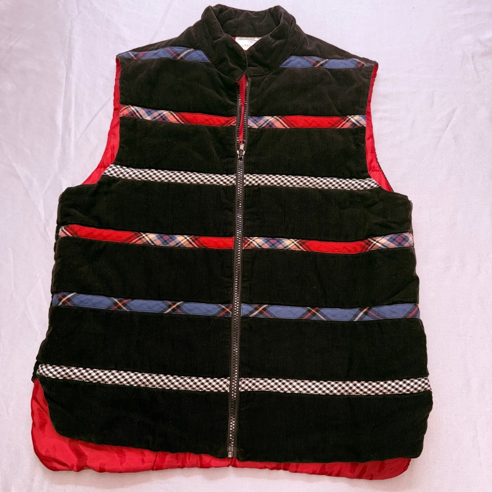 VTG‎ Susan Bristol S Black Corduroy Puffer Vest Plaid Gingham Trim folk holiday